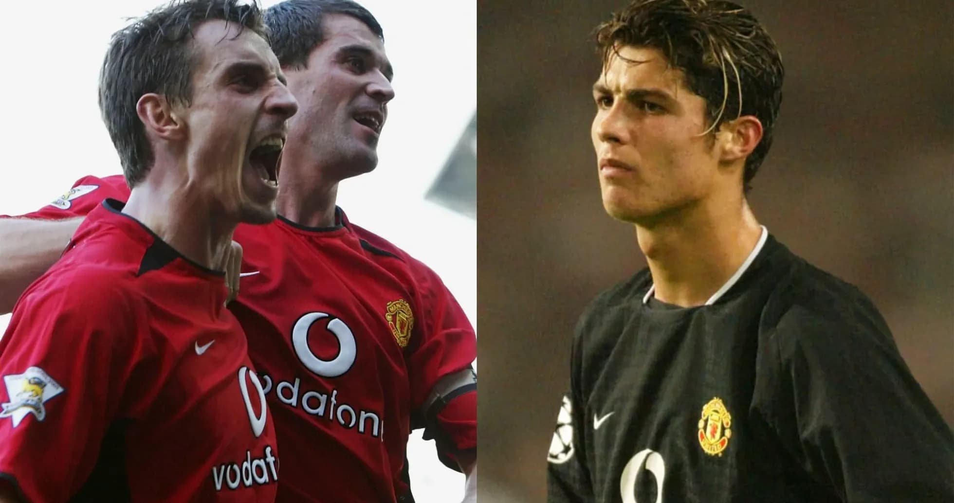 Two Manchester United players celebrating and one player focused
