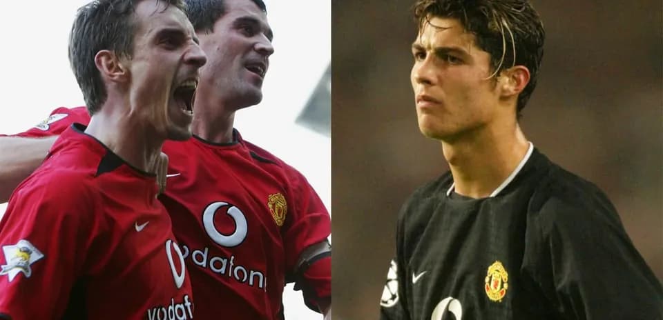 Two Manchester United players celebrating and one player focused