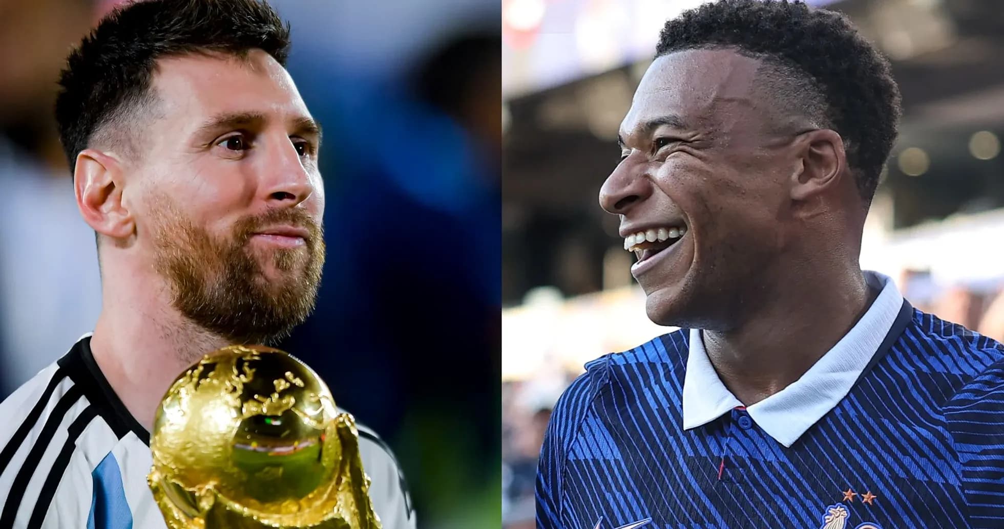 Lionel Messi holding trophy, Kylian Mbappé smiling