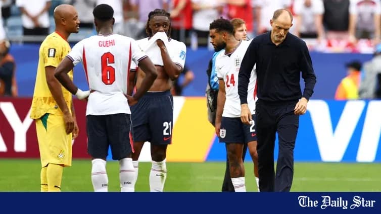 England players discussing strategy during a match