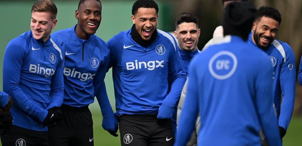 Players laughing during training session at Chelsea FC