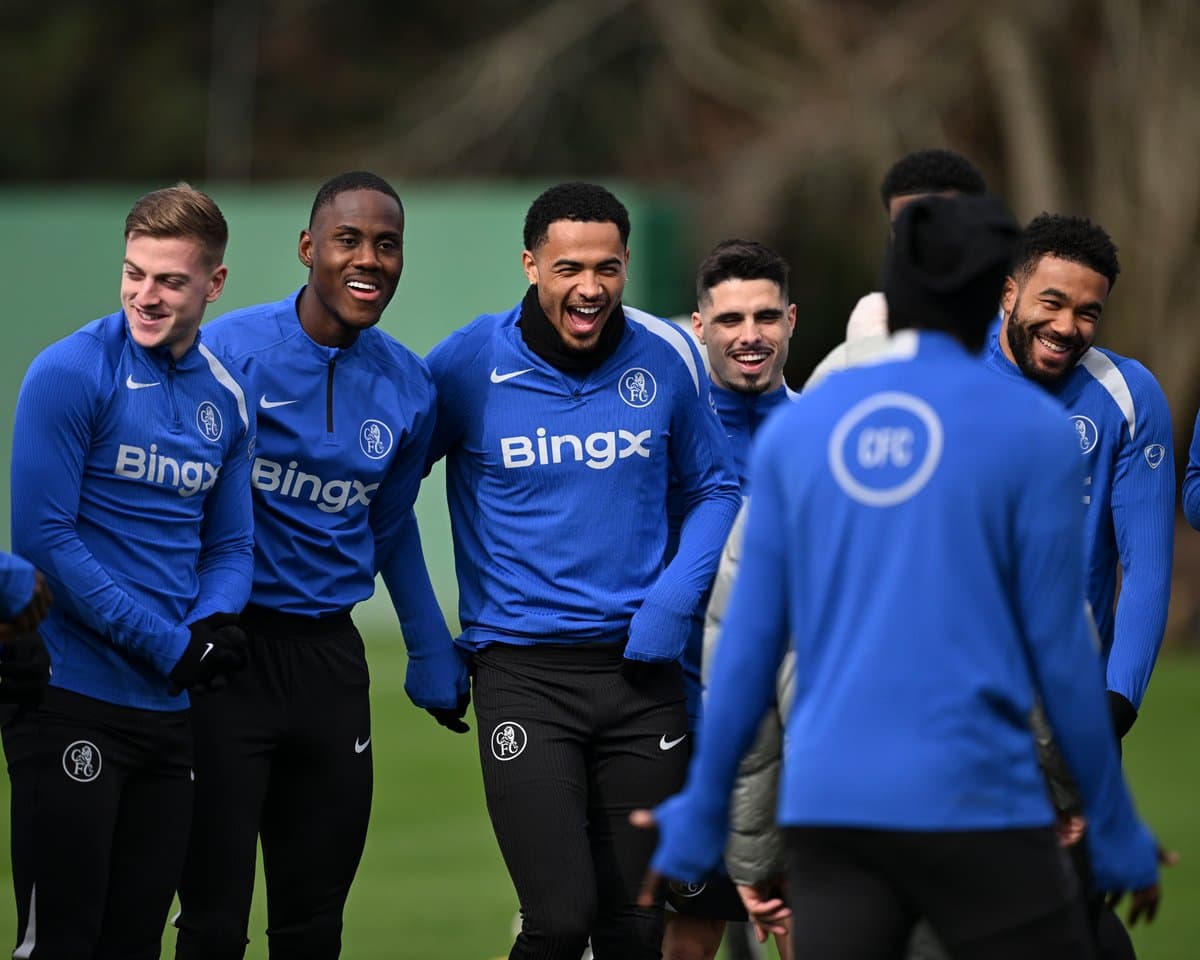 Players laughing during training session at Chelsea FC