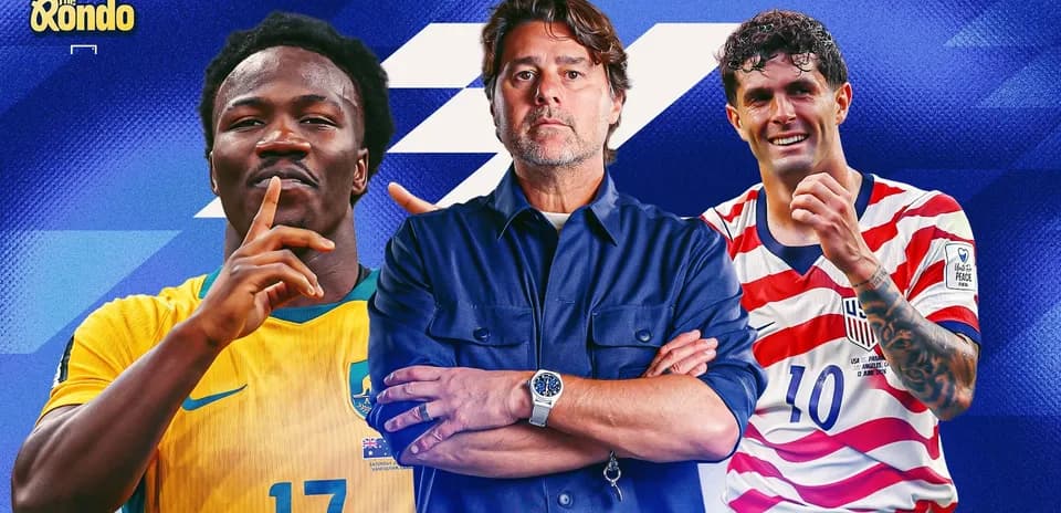 Three soccer players and a coach in team jerseys