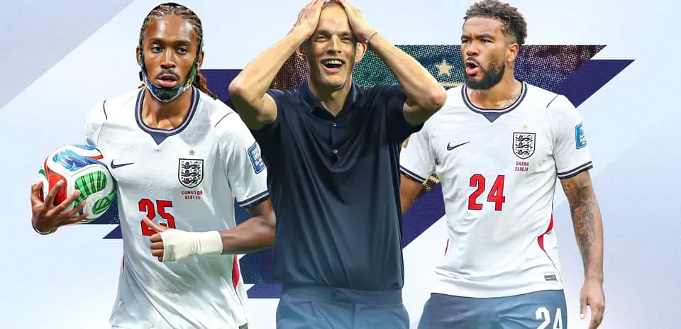 Three football players in England kits with ball