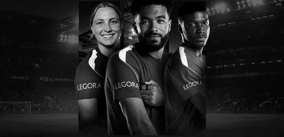 Three Chelsea FC players posing in team jerseys