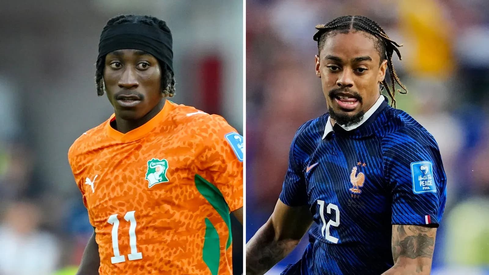 Two soccer players in national team jerseys