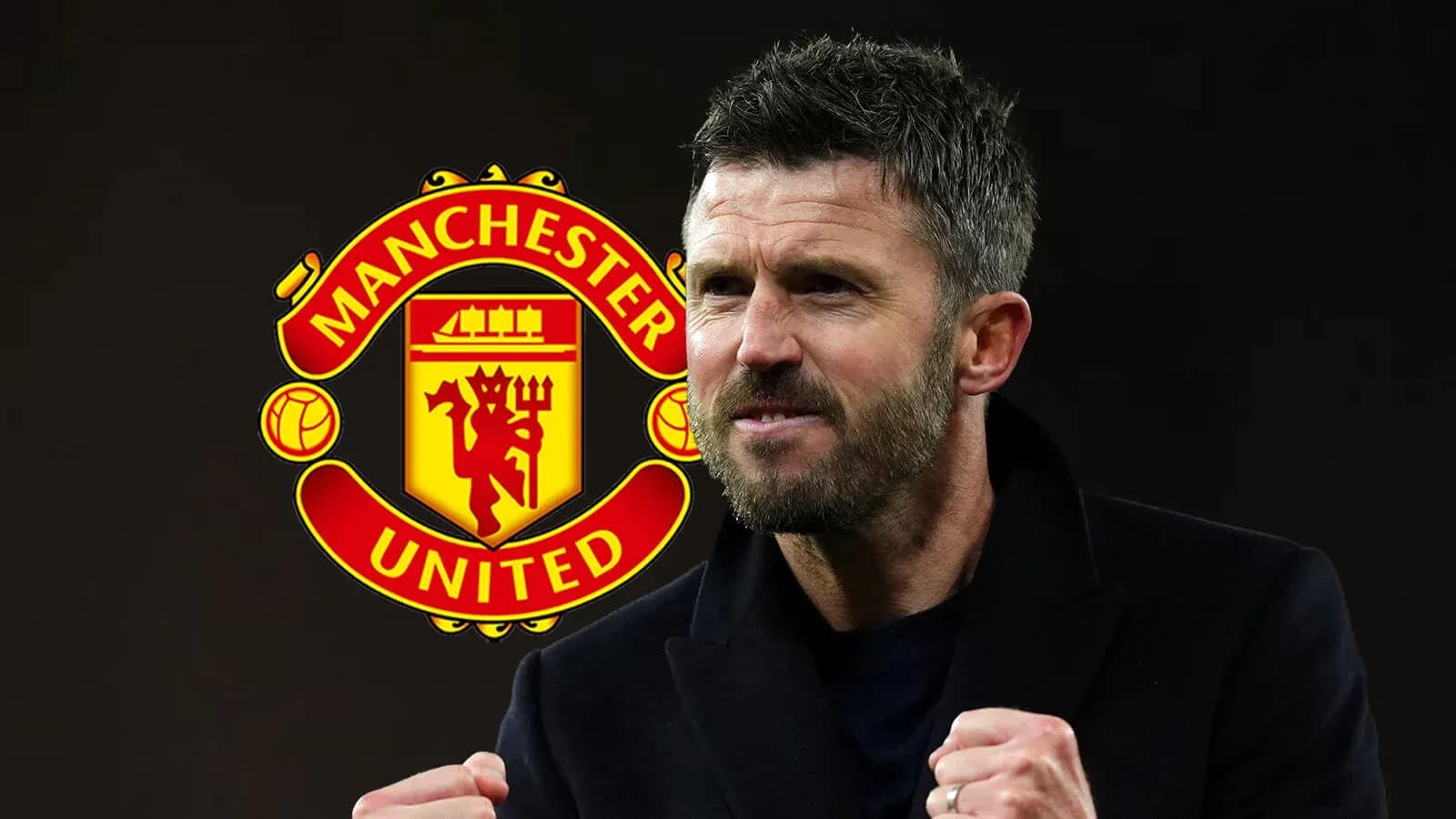 Coach celebrating in front of Manchester United logo