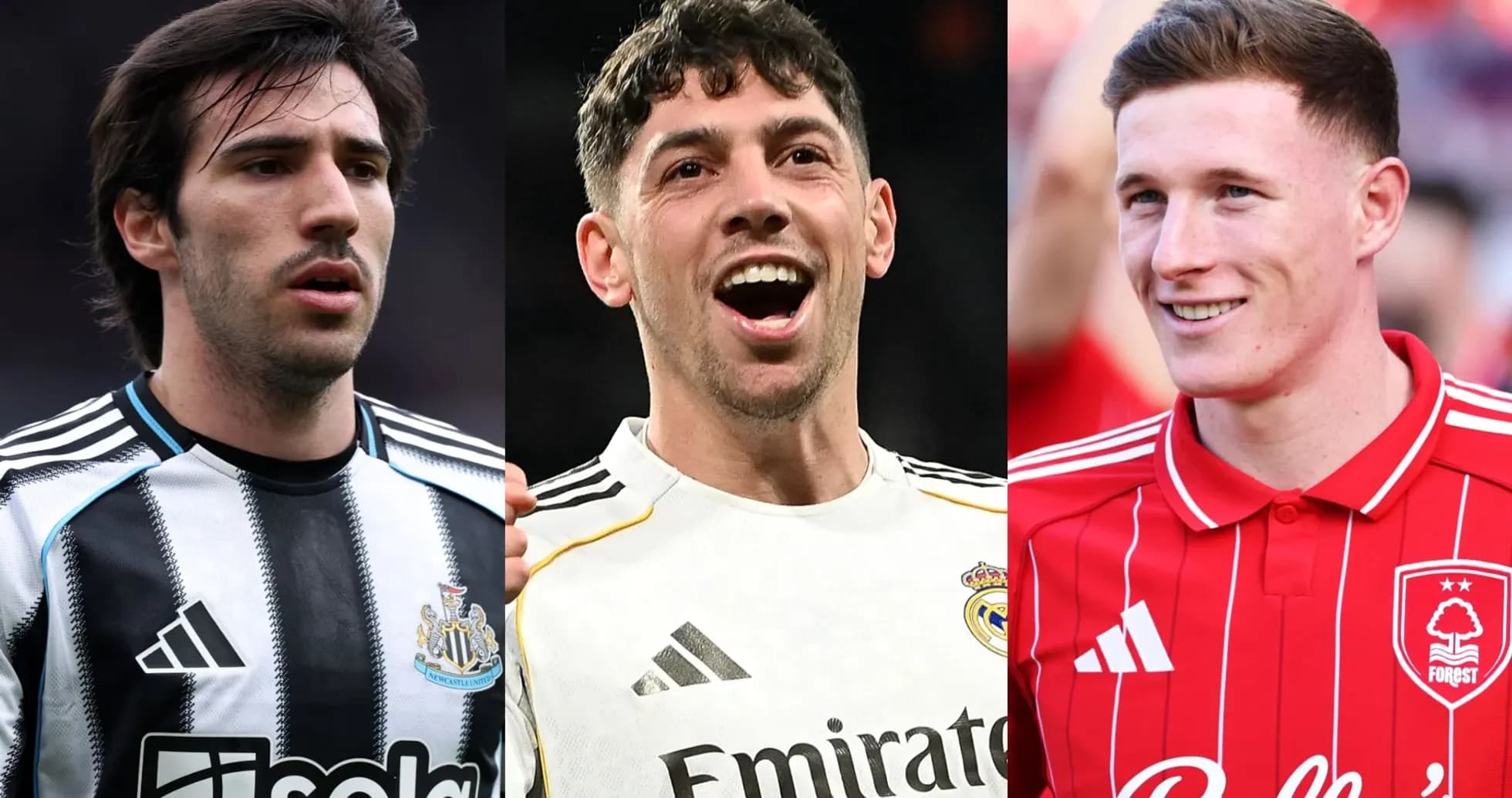 Three football players from different teams posing