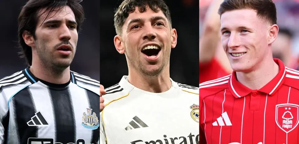 Three football players from different teams posing