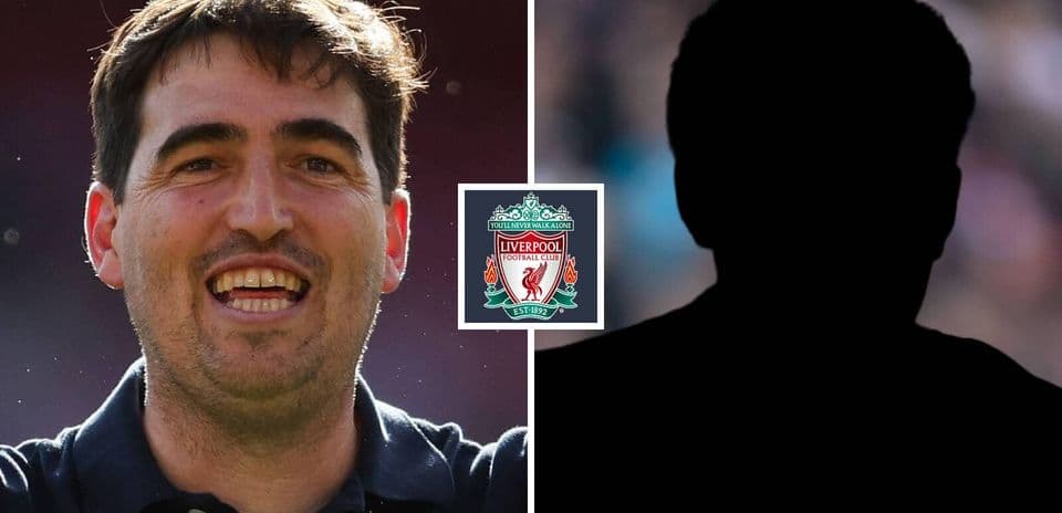 Smiling coach next to silhouette, Liverpool logo displayed