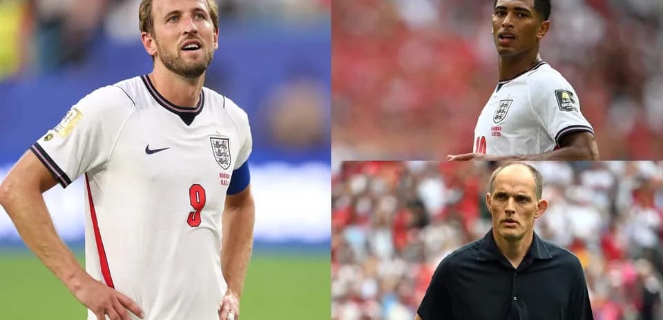 Harry Kane and Jude Bellingham during match, Thomas Tuchel observing