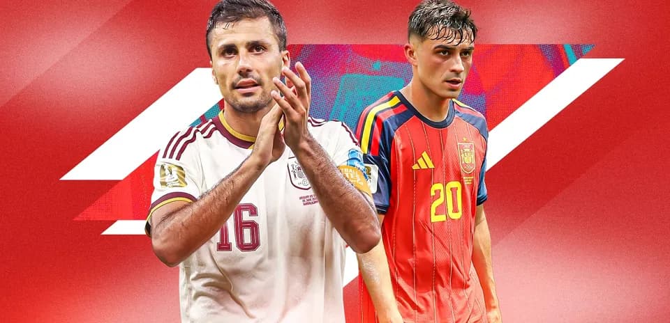 Two soccer players from Mexico and Spain facing each other