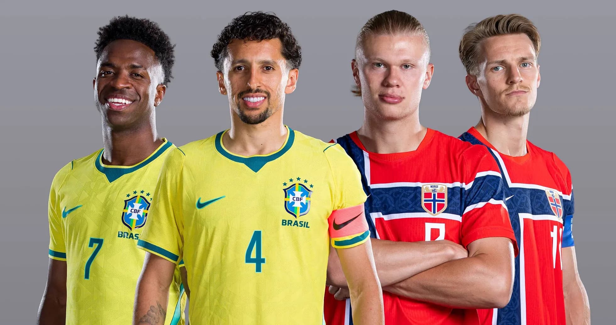 Brazil and Norway players posing for match