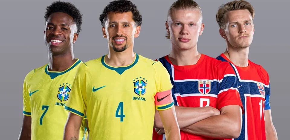 Brazil and Norway players posing for match