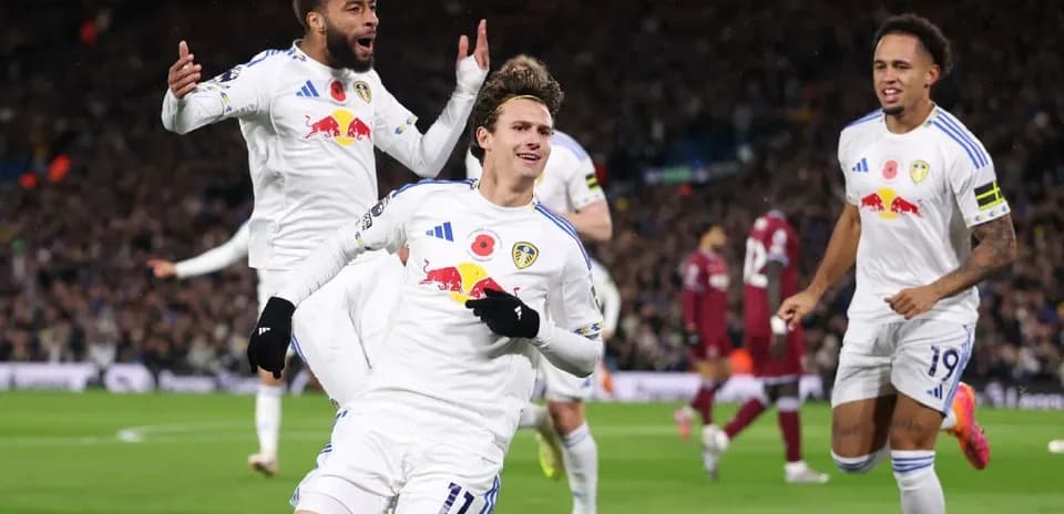 Leeds players celebrating a goal during match
