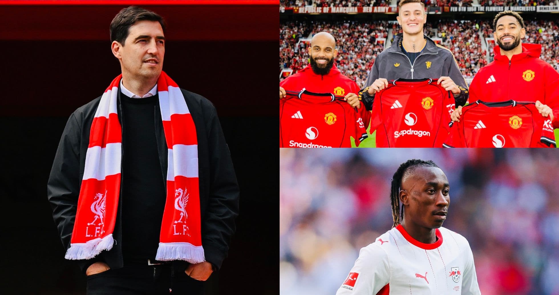 Manager with Liverpool scarf and two players holding jerseys