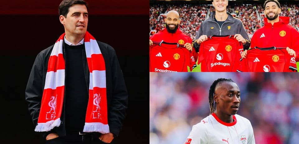Manager with Liverpool scarf and two players holding jerseys