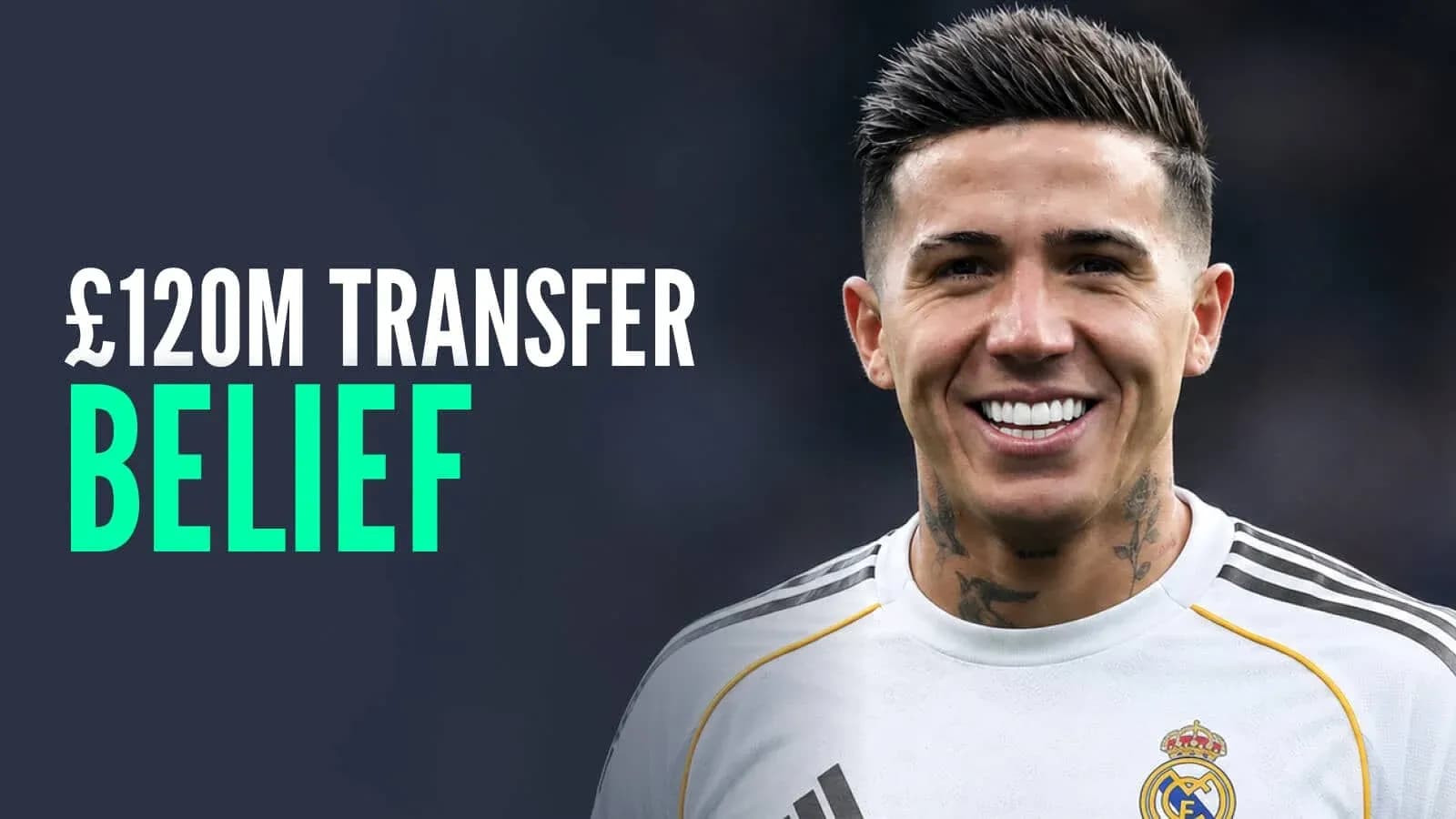 Player smiling in Real Madrid jersey with transfer text
