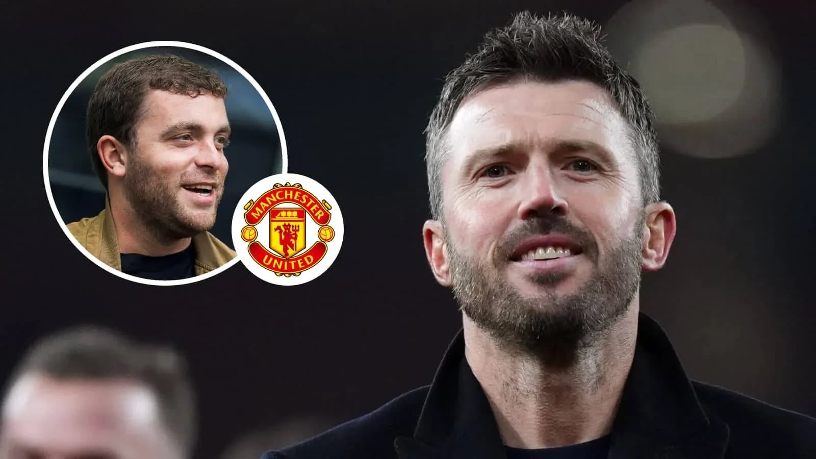 Michael Carrick smiling with Manchester United logo