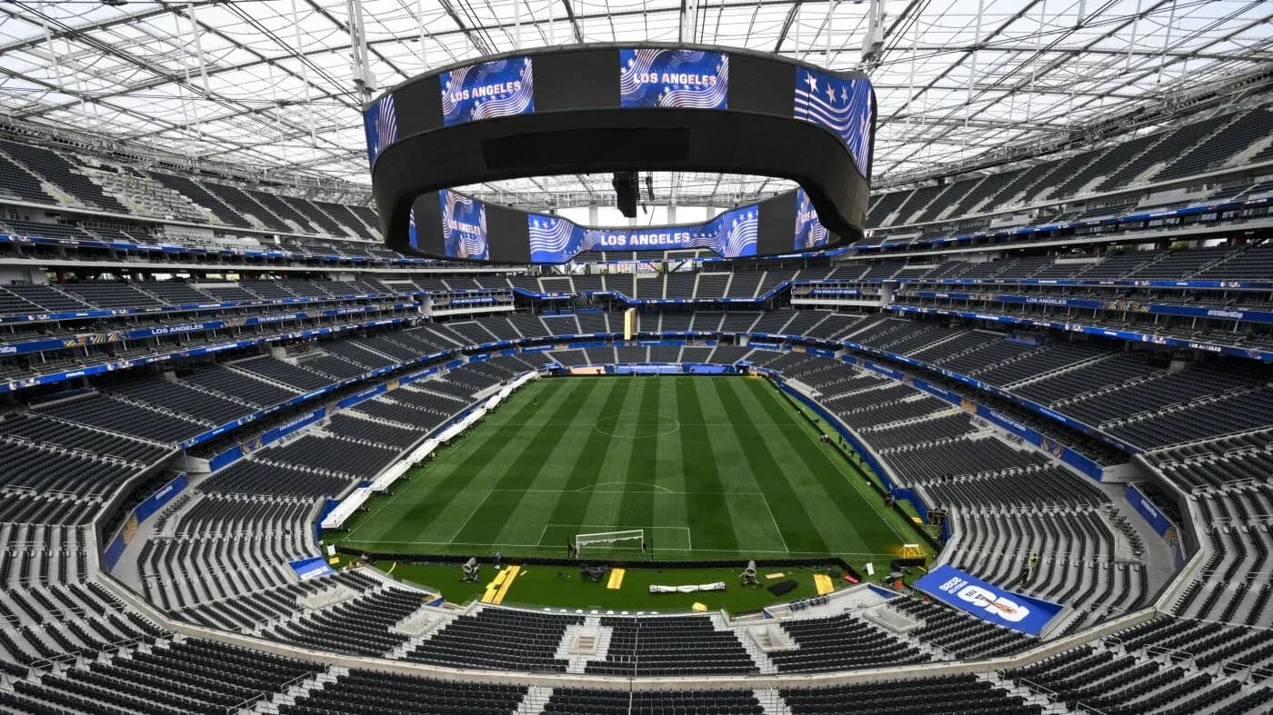 Empty stadium with a view of the soccer field