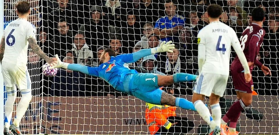 Goalkeeper saving a shot during West Ham vs Leeds