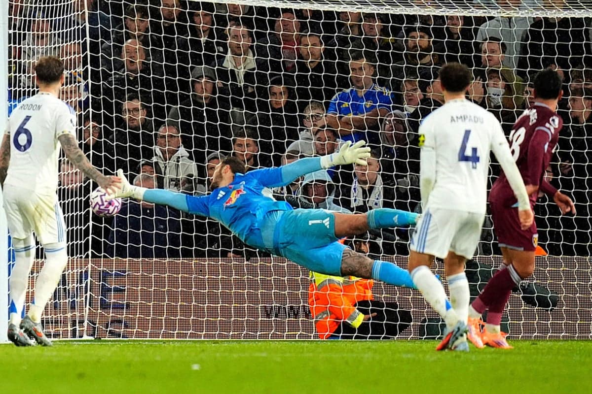 Goalkeeper saving a shot during West Ham vs Leeds