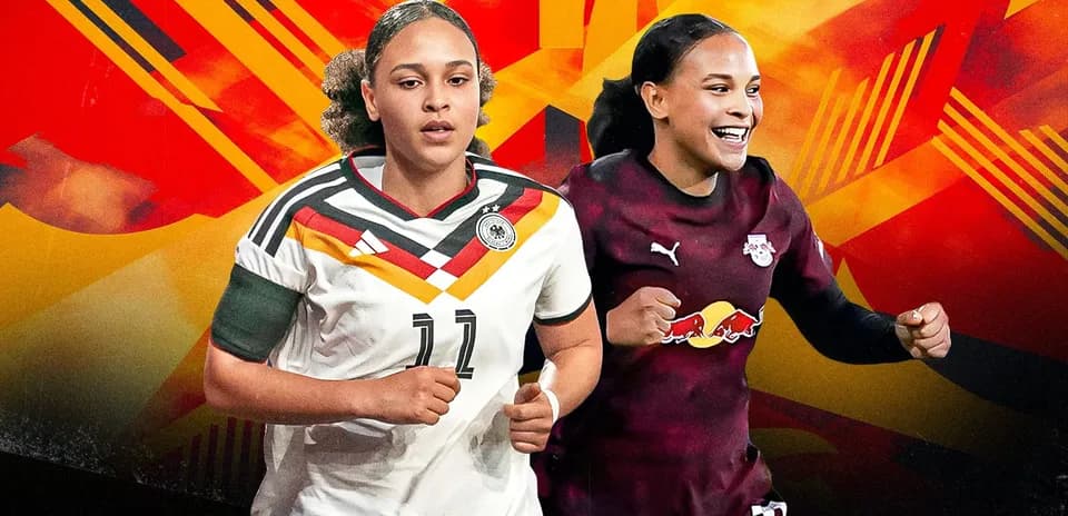 Two female soccer players in team jerseys