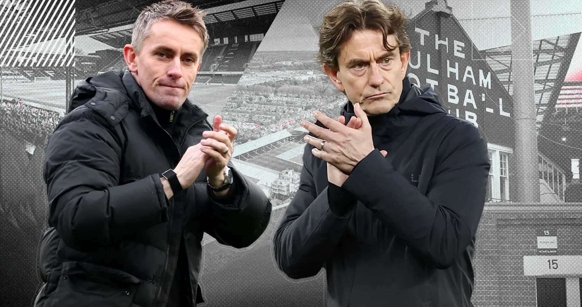 Two football managers applauding at stadium entrance