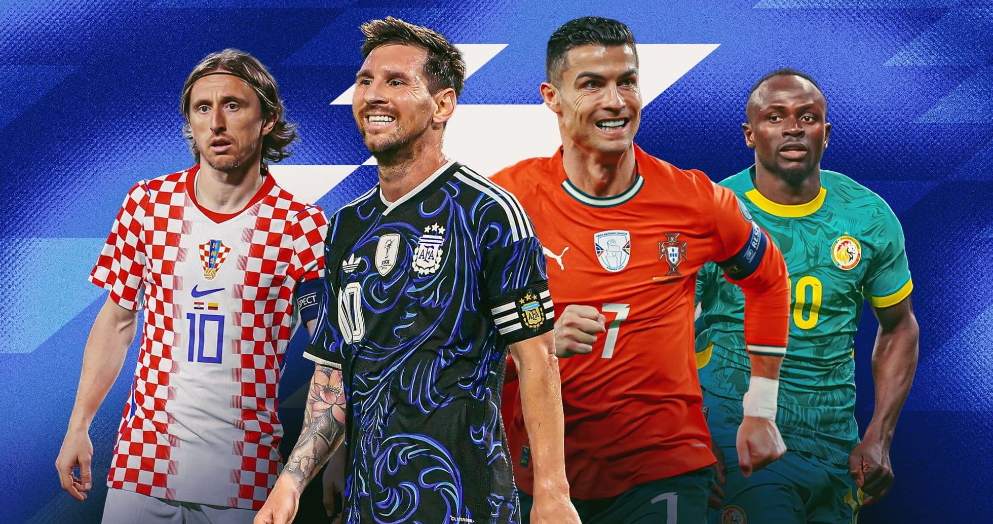 Four famous football players in national jerseys