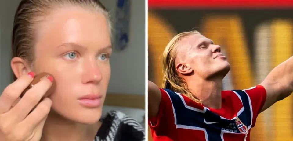 Split image of a person applying makeup and a footballer celebrating