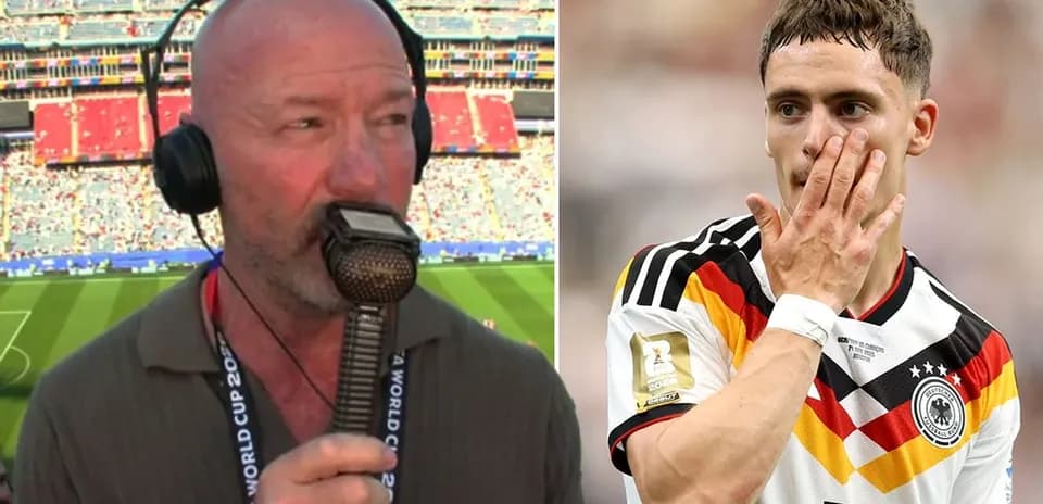 Commentator speaking with microphone, player in Germany jersey
