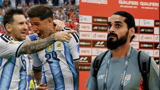 Argentinian players celebrating and a player at press conference