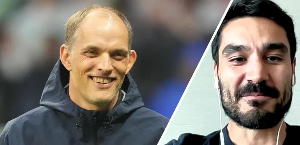 Two football figures smiling in split-screen image