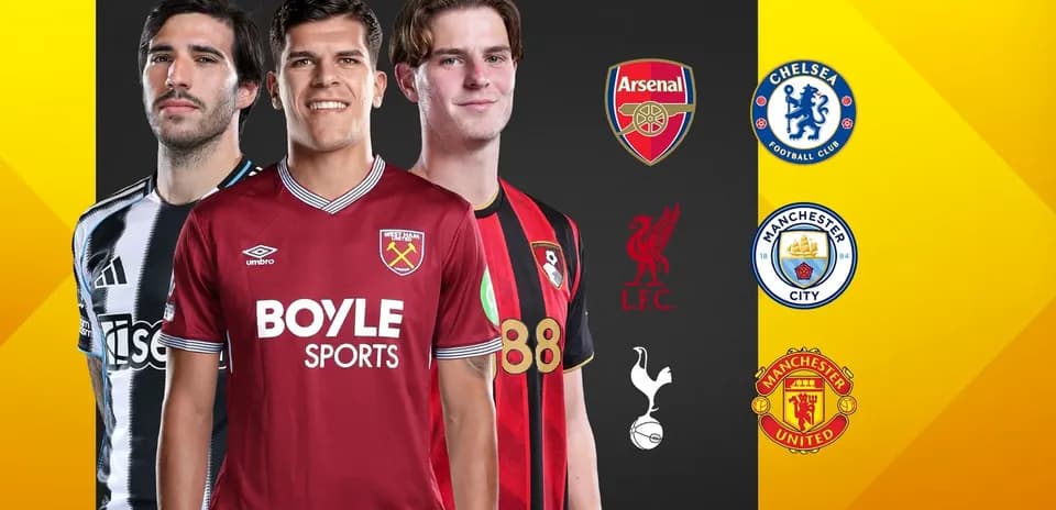 Three football players wearing team jerseys with logos