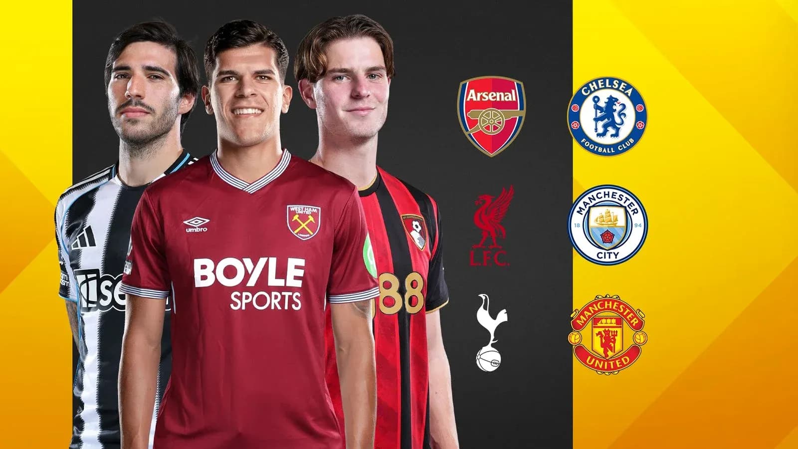 Three football players wearing team jerseys with logos