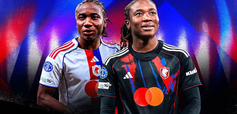 Two players in team jerseys on colorful background