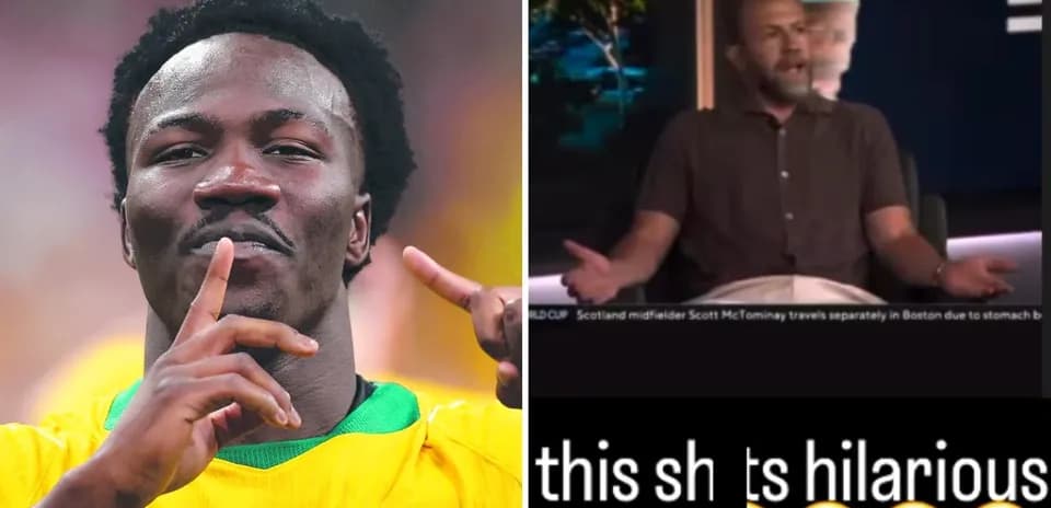 Football player celebrating and a commentator discussing
