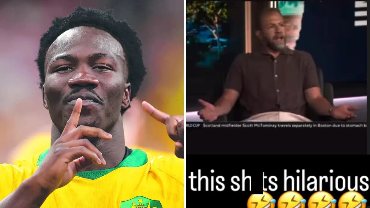 Football player celebrating and a commentator discussing