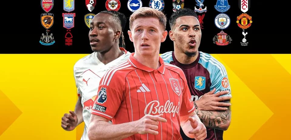Three football players with club logos in background