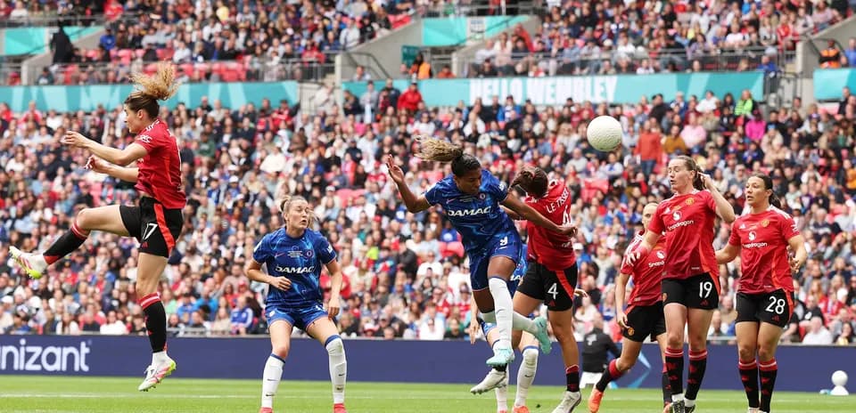 Chelsea and Manchester United players contesting a header