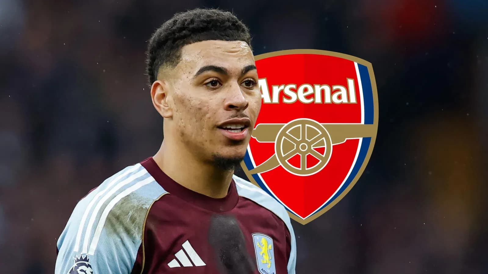 Player in Aston Villa kit with Arsenal logo background