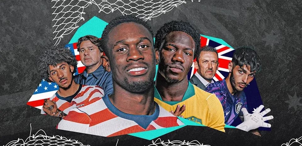 Group of soccer players and coaches with national flags