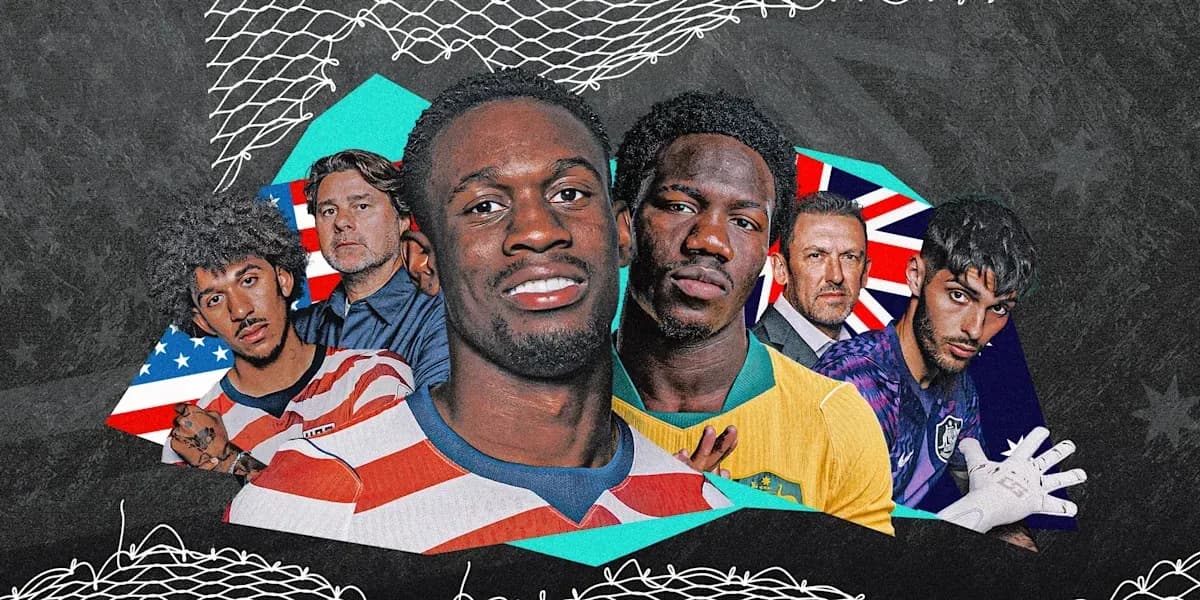 Group of soccer players and coaches with national flags