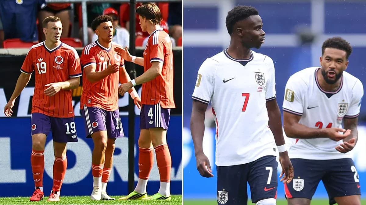 Colombia and England players interacting on the field