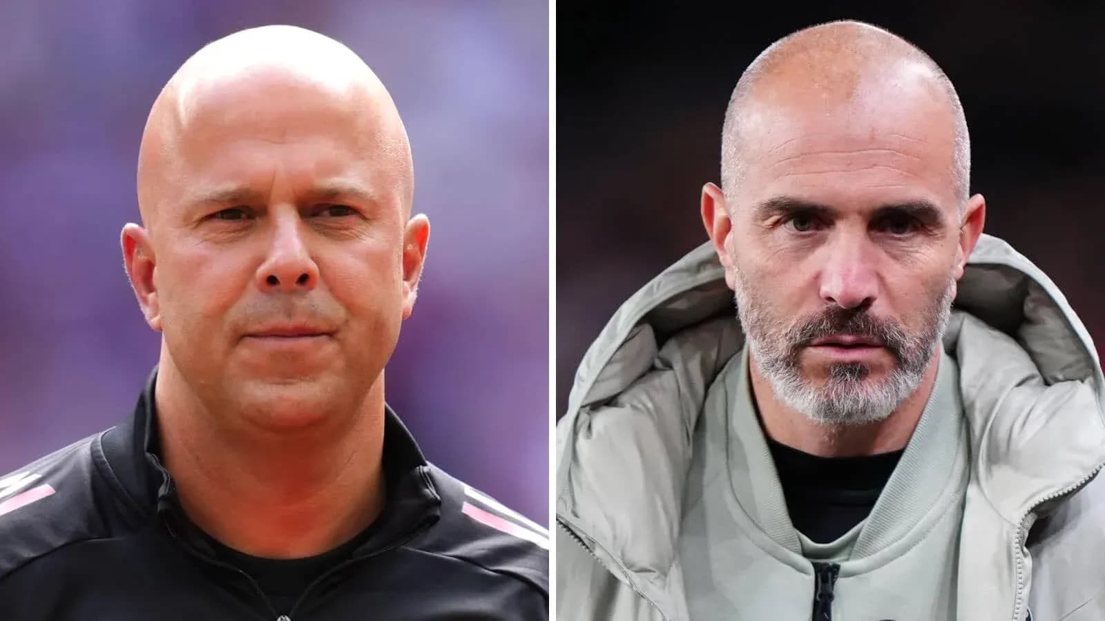 Two football coaches facing camera during match