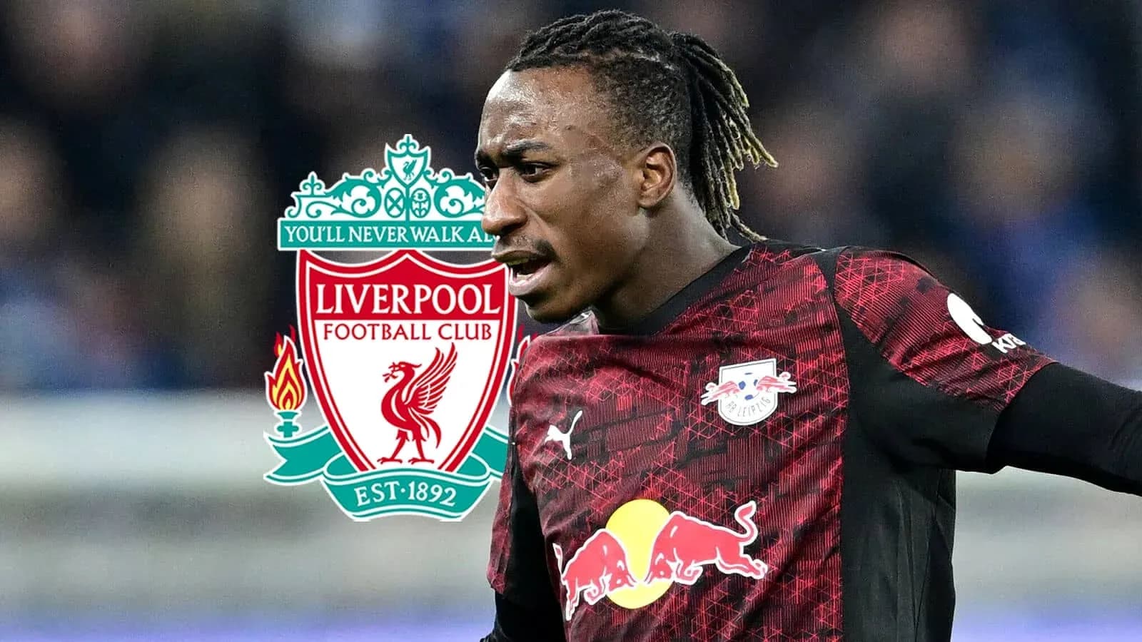 Player in RB Leipzig kit with Liverpool logo overlay