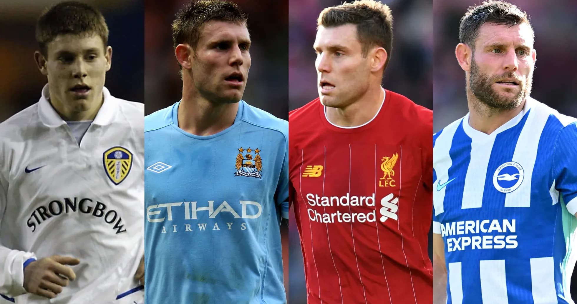 Four football players in club jerseys over the years