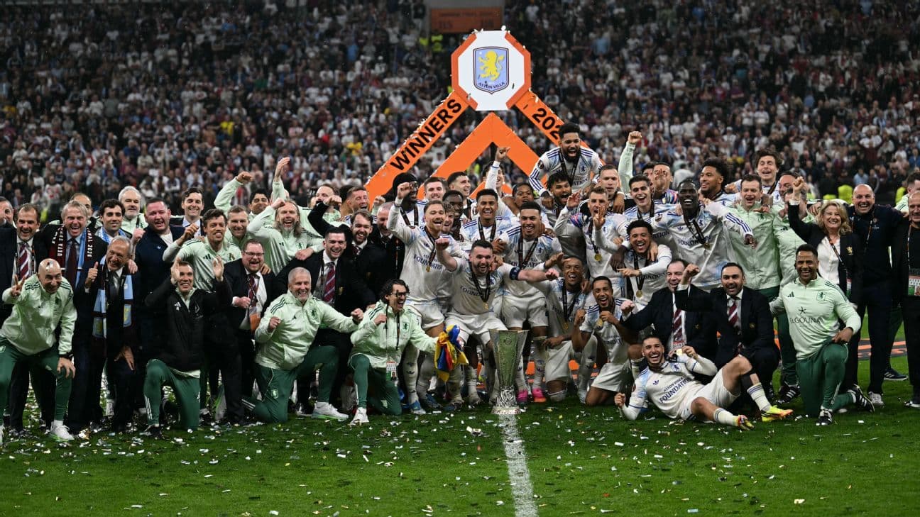 Aston Villa players celebrating with trophy after victory