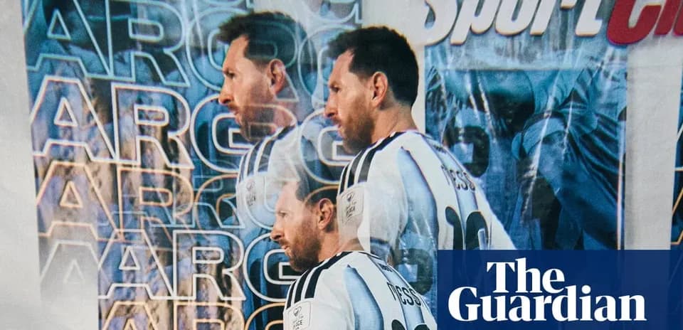 Lionel Messi in Argentina jersey against promotional backdrop