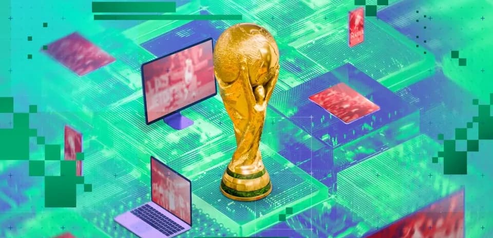 FIFA World Cup trophy with digital screens in background